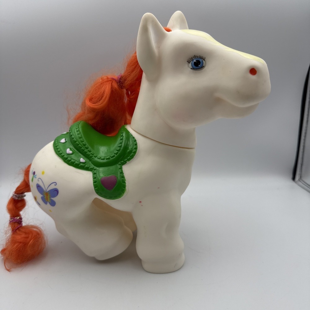 White Plastic Horse With Butterfly Orange Mane Tail 11" From 1990s